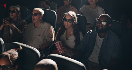 Movie, theatre and people with popcorn and glasses in cinema for entertainment, experience and...
