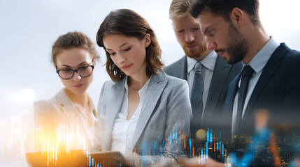 Focused Business Team Analyzing Data with Cityscape Background