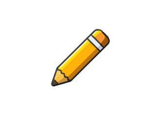 A simple, cartoonish illustration of a yellow pencil, angled slightly, against a black background.  The pencil has a sharpened point and a white eraser