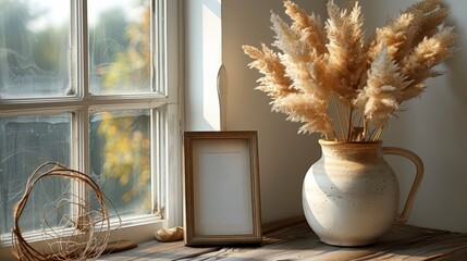 Cozy corner sunlit window, vase of plumes, blank frame, rustic wood