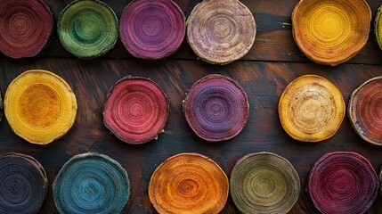 A colorful flat lay of vegetable chips displayed in concentric circles on a rustic wooden surfac