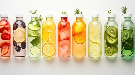 A colorful gradient of fruit-infused water bottles lined up against a white background. 