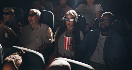 Popcorn, watching movie and people with 3d glasses, cinema and modern entertainment. Snack, eyewear...