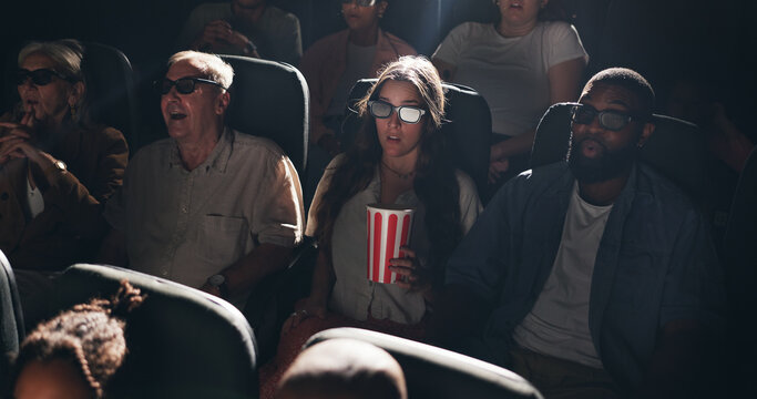 Popcorn, watching movie and people with 3d glasses, cinema and modern entertainment. Snack, eyewear and group with augmented vision, expression and spectator with illusion, screening and theatre - Powered by Adobe