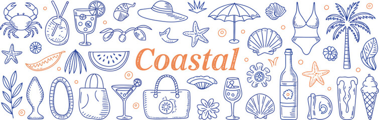 Fototapeta premium Coastal beach summer vacation doodles crab