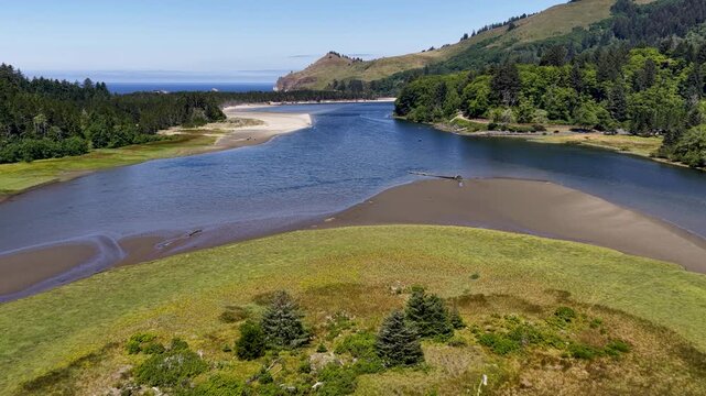 Cascade Head Preserve, Oregon - Long Aerial Approach Past Three Rocks over Salmon River - All video shot from outside preserve, no flying done over restricted area