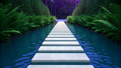 A serene and tranquil stone pathway leading through lush green ferns and dark mysterious trees towards a soft purple light