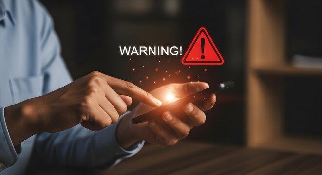 Digital Security Alert – Hand Tapping Warning Triangle on Virtual Interface

