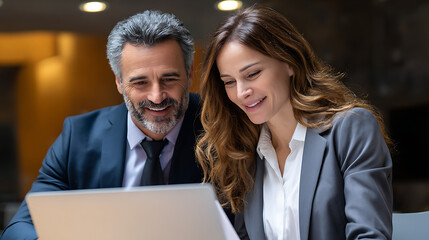 Fototapeta premium Smiling Business Colleagues Reviewing Laptop Data Together