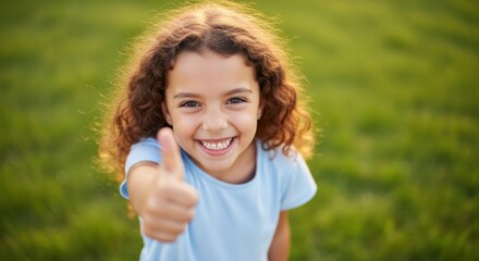Close-Up Portrait of a Happy Young Girl with Curly Hair Giving a Thumbs-Up Gesture