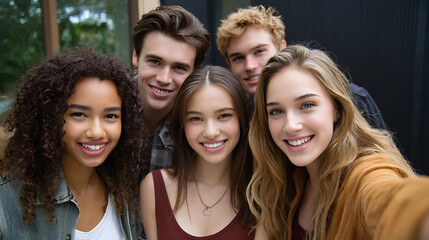 Obraz premium Smiling Diverse Group of Teenagers Taking a Selfie Outdoors