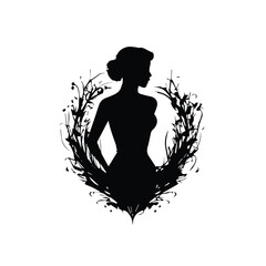 Female silhouette in elegant attire within floral wreath design. Side profile view of a woman with updo hairstyle.