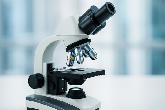 A close-up view of a modern optical microscope, essential for research, diagnostics, and education in medical laboratories.