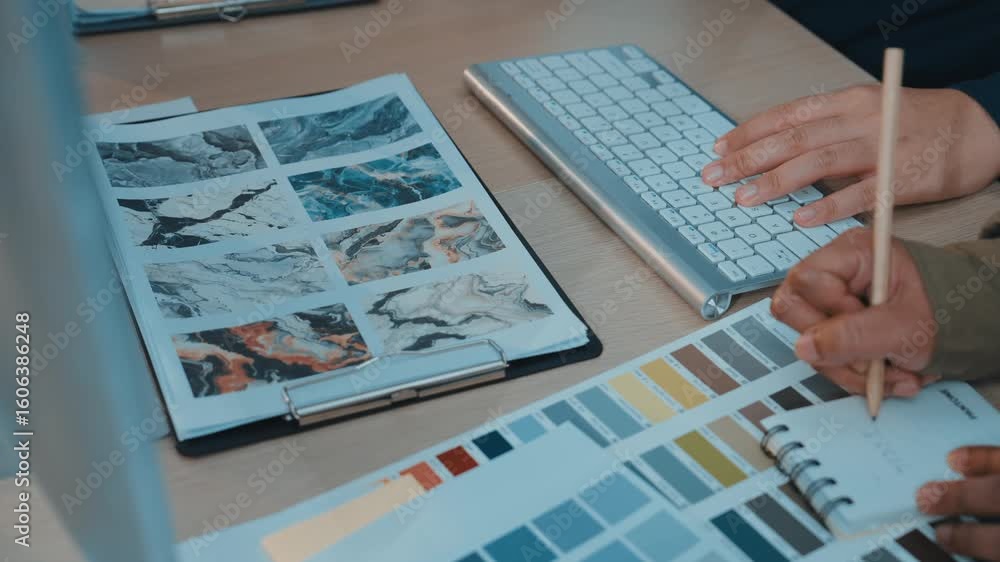 Poster engaging scene of fingers working over color palettes and art sketches in a collaborative workspace,