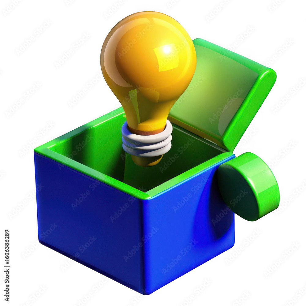 Poster 3d light bulb in open box isolated on transparent background