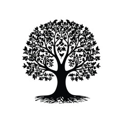 Fototapeta premium Ornate black and white stylized tree silhouette. Full view of a decorative tree with detailed leaves and roots against a plain white background.