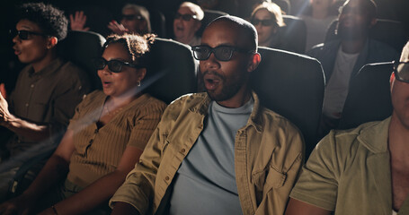 Surprise, watching movie and people with 3D glasses, cinema and modern entertainment. Crowd,...