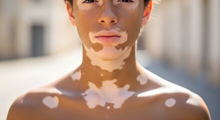 Young man with vitiligo standing outdoors and looking at camera  