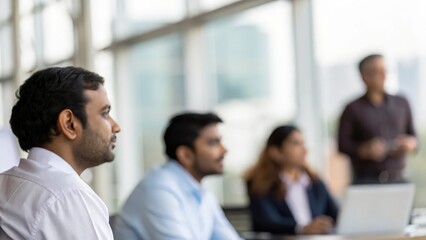 Fototapeta premium Team of Indian Professionals Listening in Blurred Corporate Workshop Setting 