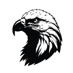 Fototapeta premium Black and white graphic of an eagle's head in profile view. Detailed illustration of majestic bird in a bold, stylized silhouette, suitable for use in logo designs or graphic arts.