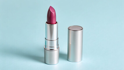 A vibrant magenta lipstick with its silver cap standing upright against a soft pastel blue background showcasing a beauty product