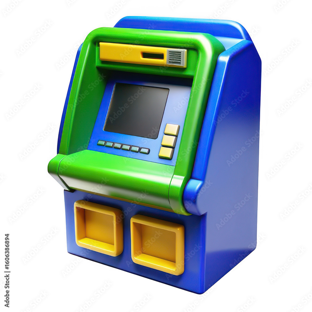 Poster 3d atm machine with blue and green design isolated on transparent background
