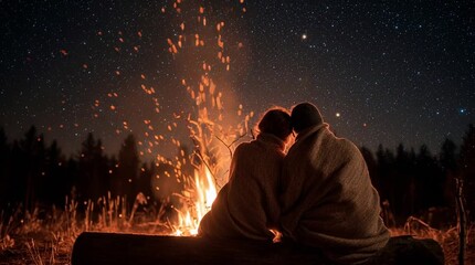 Romantic couple sitting close together on a log, wrapped in a cozy blanket in an autumn forest. - Powered by Adobe