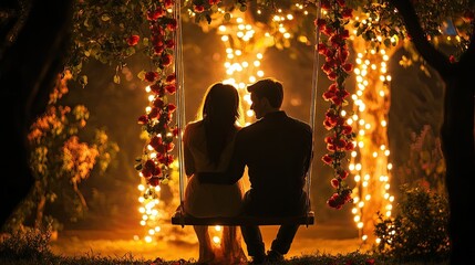 A couple sitting on a swing adorned with roses and fairy lights, sharing a quiet moment.