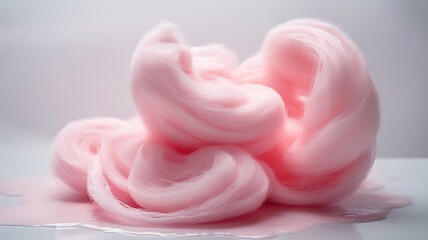 Close up of fluffy pink cotton candy on a white surface