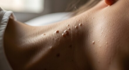 Fototapeta premium Close-up of skin with acne on neck in natural light indoors 