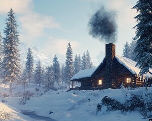 A cozy cabin in a snowy forest, with smoke rising from the chimney and snow piling up on the roof. The cabin exudes warmth with smoke rising from the chimney,