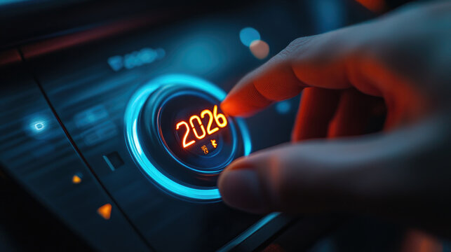 Close-up of a hand pressing a car start button with futuristic 2026 digital display, symbolizing automotive innovation, smart technology, electric vehicles, and advancements in modern transportation.