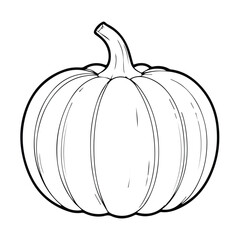 Black and white illustration of a pumpkin with detailed ribbed texture. Single, whole pumpkin in a still life setting.