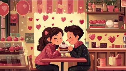 A cozy cafÃ© scene with a couple sharing a dessert, surrounded by Valentine's Day decorations