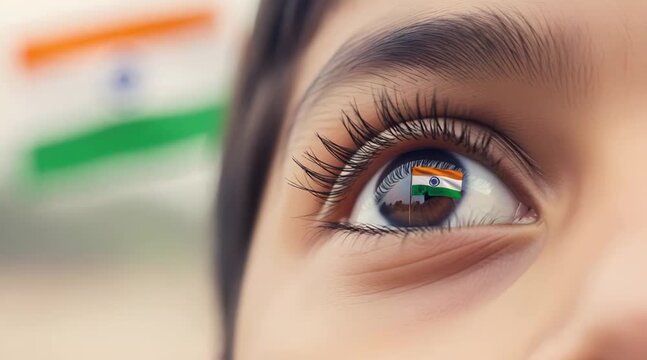 Close-up of child's eye reflecting Indian flag for India independence day  