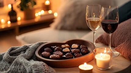 A cozy setup with a heart-shaped tray holding chocolates, wine glasses, and lit candles.
