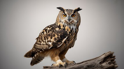 Majestic eurasian eagle owl perched on a branch with intense yellow eyes