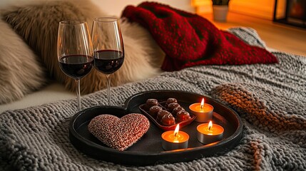 A cozy setup with a heart-shaped tray holding chocolates, wine glasses, and lit candles.