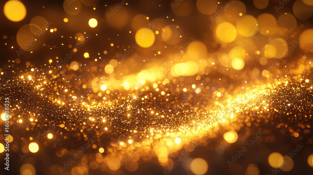 Poster a shimmering background of golden bokeh lights with a soft focus. the scene conveys a festive and ce