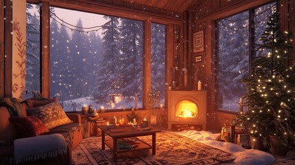 A cozy winter cabin with a warm fire, snow falling outside, and soft lighting creating a relaxing atmosphere. A cozy winter cabin with a warm fire, snow falling outside, and soft lighting inside