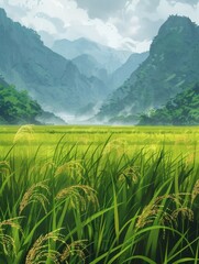 Obraz premium The monsoon breeze sweeps over the rice fields, causing the rice ears to sway gently