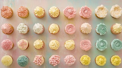 A creative arrangement of cupcakes with intricate frosting designs, displayed in rows on a pastel background