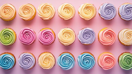 A creative arrangement of cupcakes with rainbow frosting swirls, displayed in rows on a pastel background.