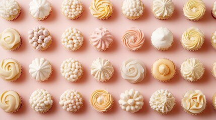 A creative arrangement of cupcakes with intricate frosting designs, displayed in rows on a pastel background.