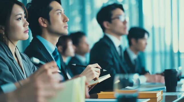 企業説明会で熱心に耳を傾けメモを取る日本のビジネスパーソン：集中と情報の重要性｜ビジネス,説明会,集中,プロジェクター,日本


