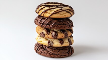 A creative arrangement of freshly baked cookies stacked in a spiral with melted chocolate drizzles