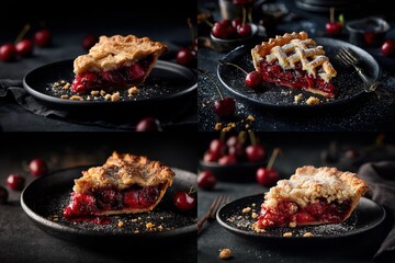 Four slices of cherry pie on black plates, shot from different angles, arranged as a mosaic