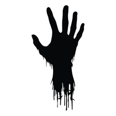 A dripping, bloody hand silhouette in a minimalist design. A raised, ominous hand with liquid dripping from it, against a plain white background.