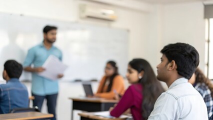 Blurred Indian Students Presenting Group Project in Classroom Front
