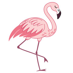 Fototapeta premium Cute cartoon illustration of a pink flamingo standing gracefully with its head tilted and eyes closed, showcasing elegant bird